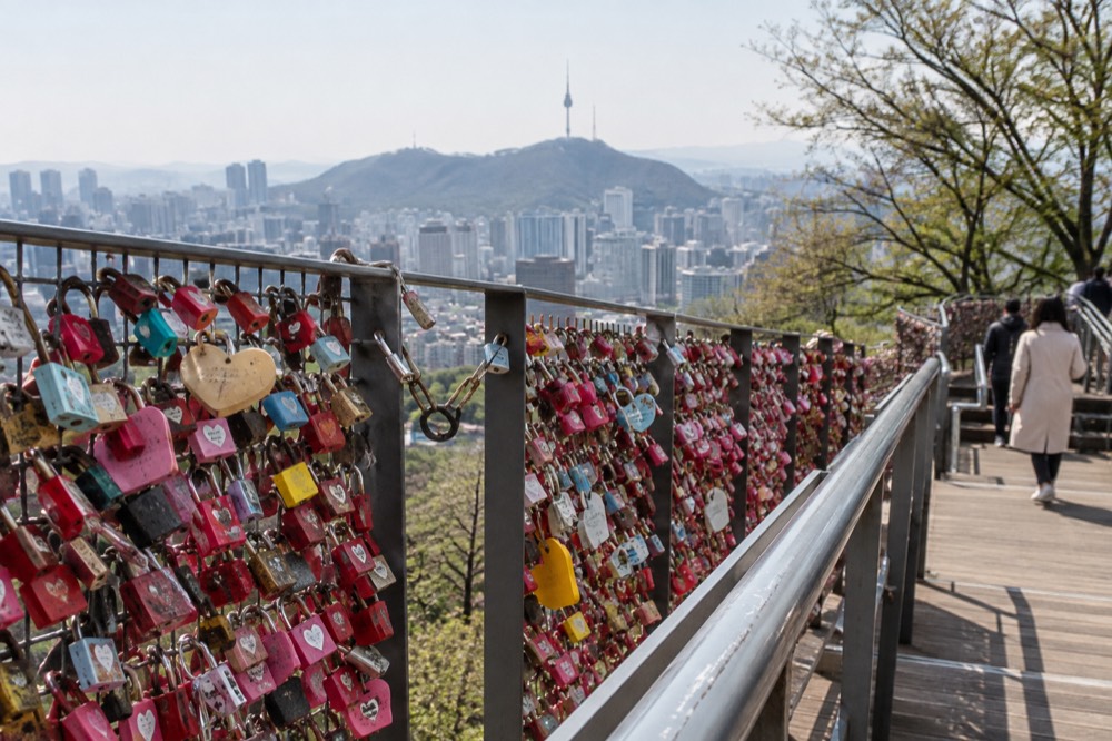 Wire mesh fences densely covered with colourful padlocks on an open terrace