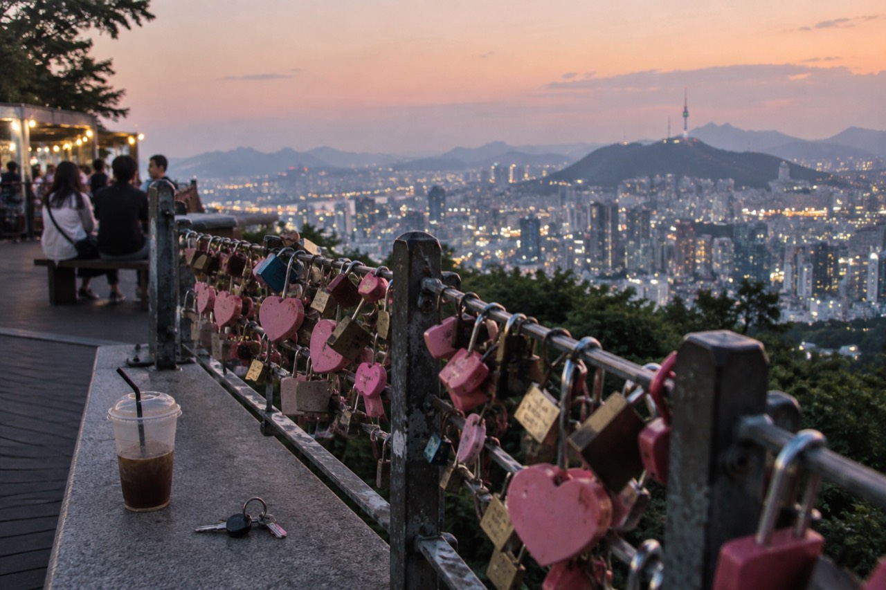 Rows of padlocks attached to wire fences on a rooftop terrace above Seoul at dusk