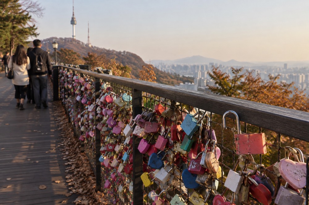 A wire fence densely covered with padlocks of many colours beside a walkway railing