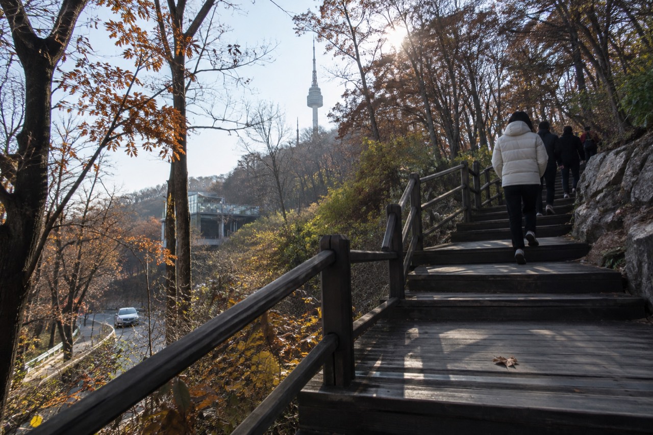 Timber deck trail winding up a forested Seoul mountainside toward a tower on the summit