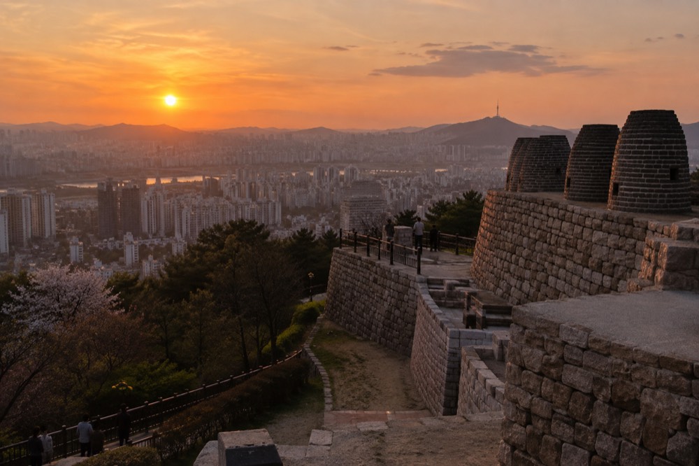Panorama of Seoul buildings seen from an open terrace on Namsan below the tower