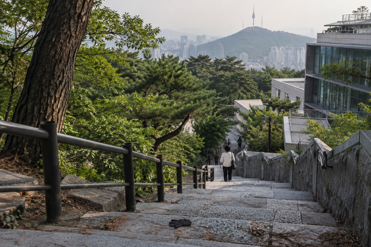 A timber deck trail curving up a forested hillside toward a communications tower on the ridge above Seoul
