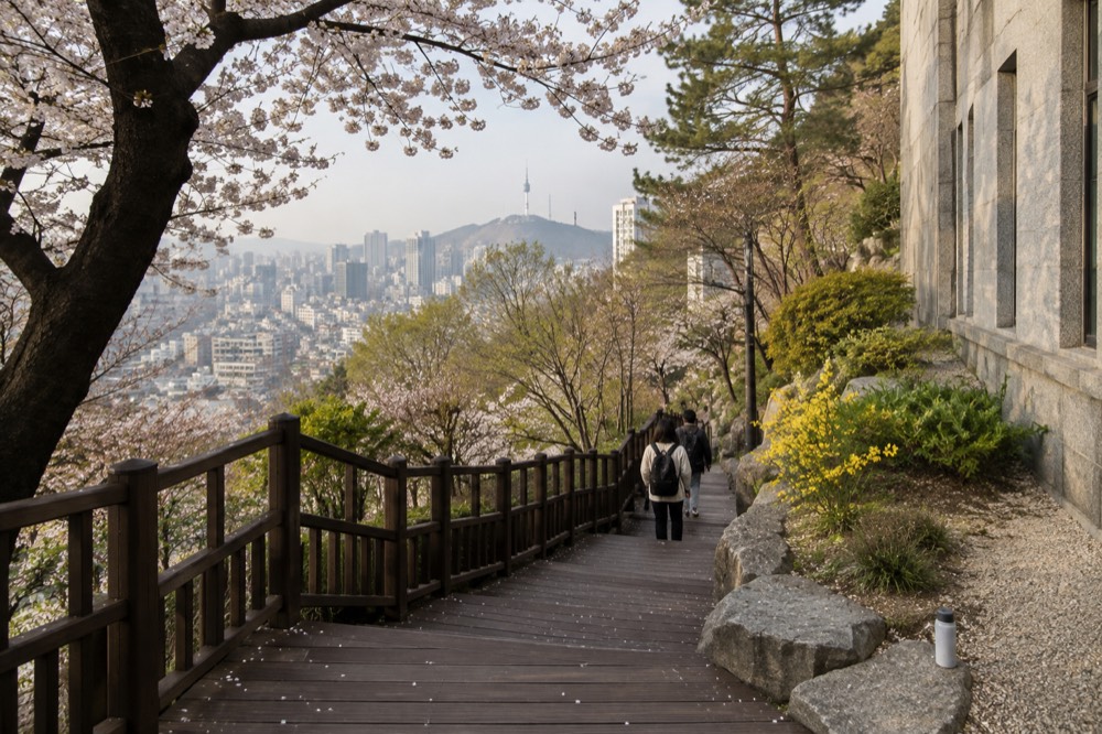 Wooden deck trail winding through forest on the lower slopes of Namsan