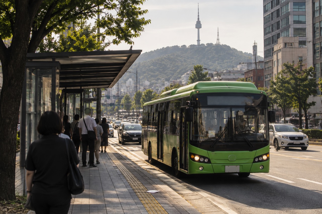 A green shuttle bus at a stop on a wooded road below a communications tower on a Seoul hillside