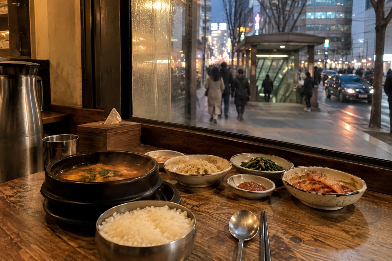 A spread of Korean dishes on a wooden table with side dishes and chopsticks