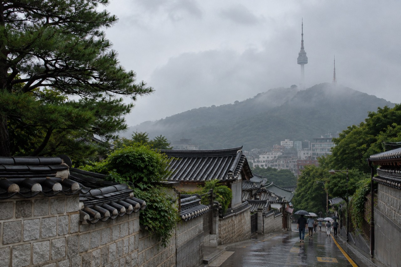Rain clouds hanging over Seoul rooftops with a communications tower on a distant hilltop