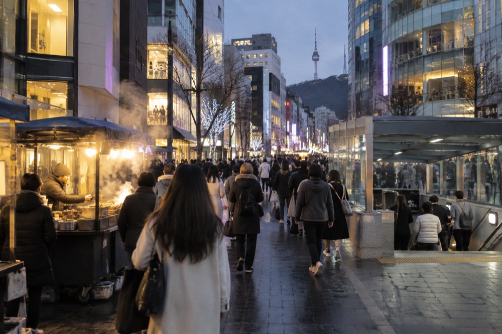 Busy shopping street in central Seoul at dusk with illuminated storefronts and signs