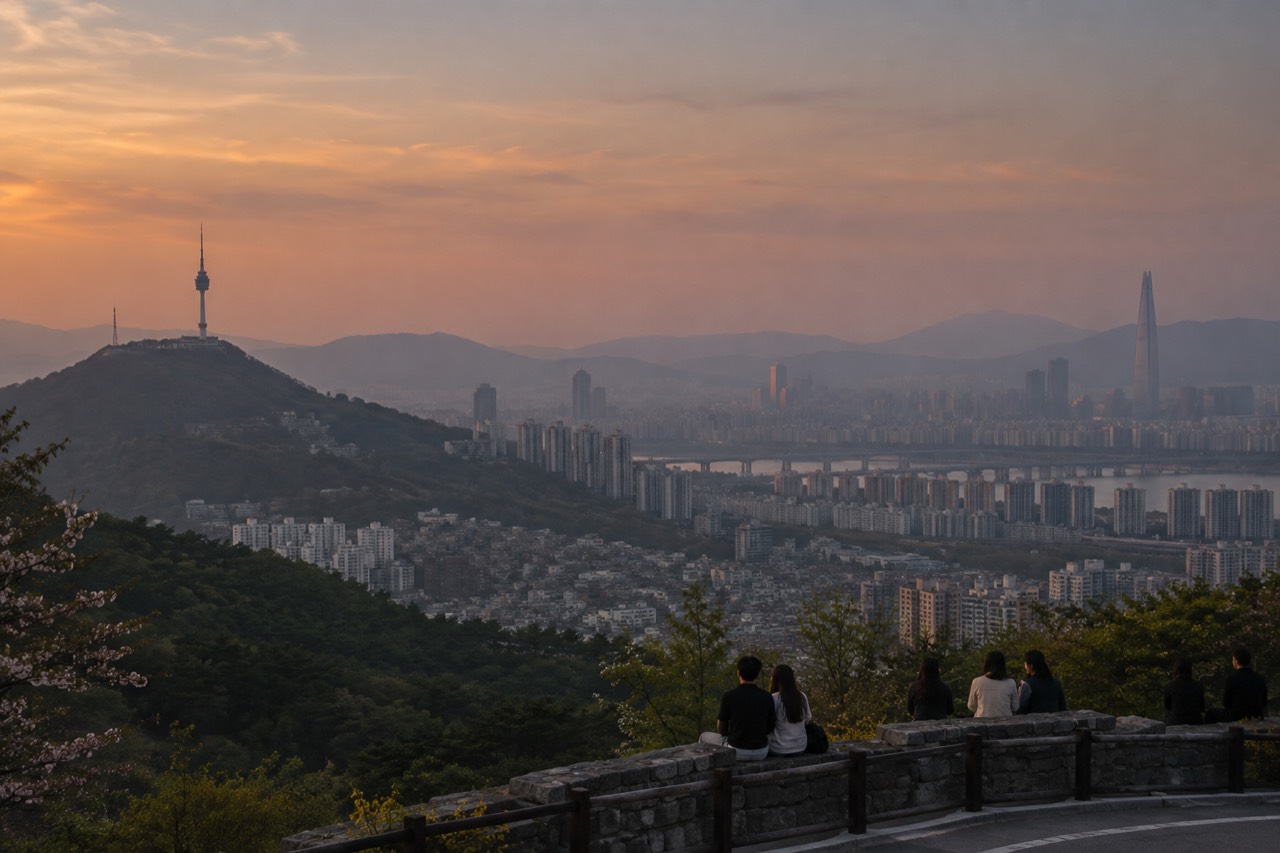 Seoul skyline with a tall observation tower rising above wooded hills at dusk