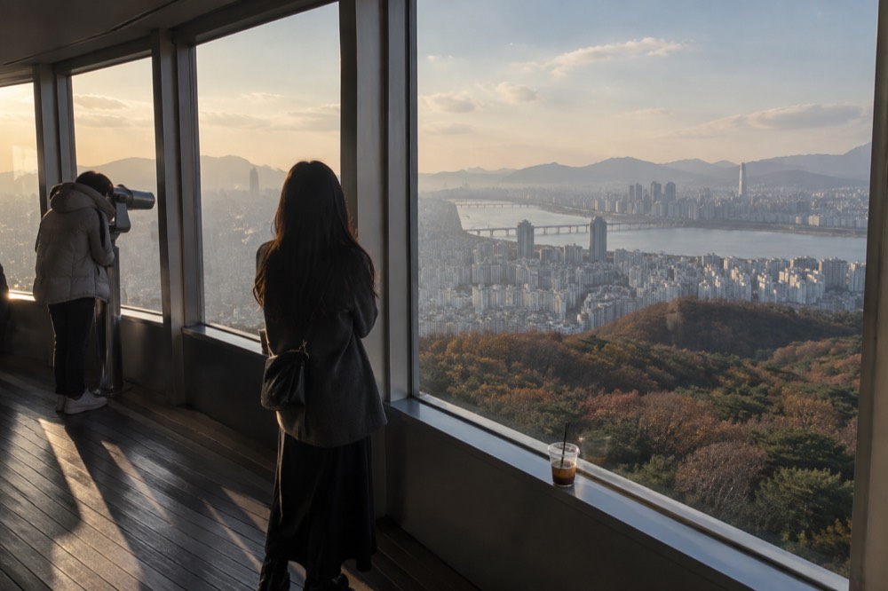An observation deck interior with large windows overlooking a sprawling city and a river winding through it