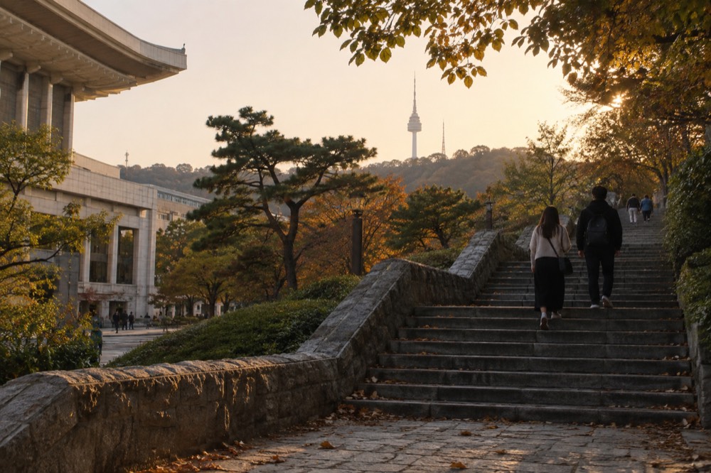 A hillside stone stairway winding up through trees toward a tower summit at golden light