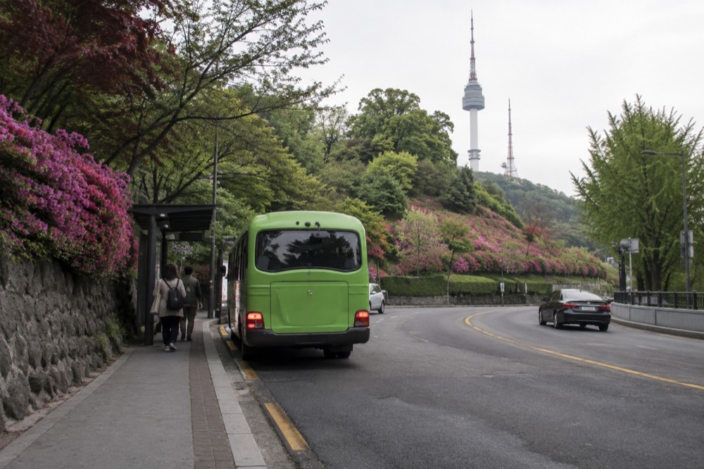 Green shuttle bus at a stop on the forested Namsan circular road below the tower