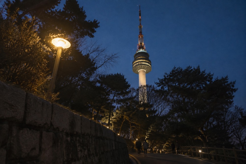 The illuminated tower body glowing above dark pine trees on the Namsan ridge at night
