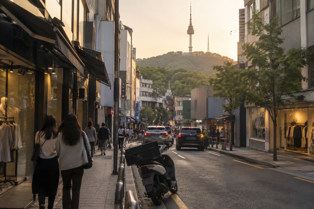 Myeongdong streets in the foreground with the forested Namsan hillside rising behind