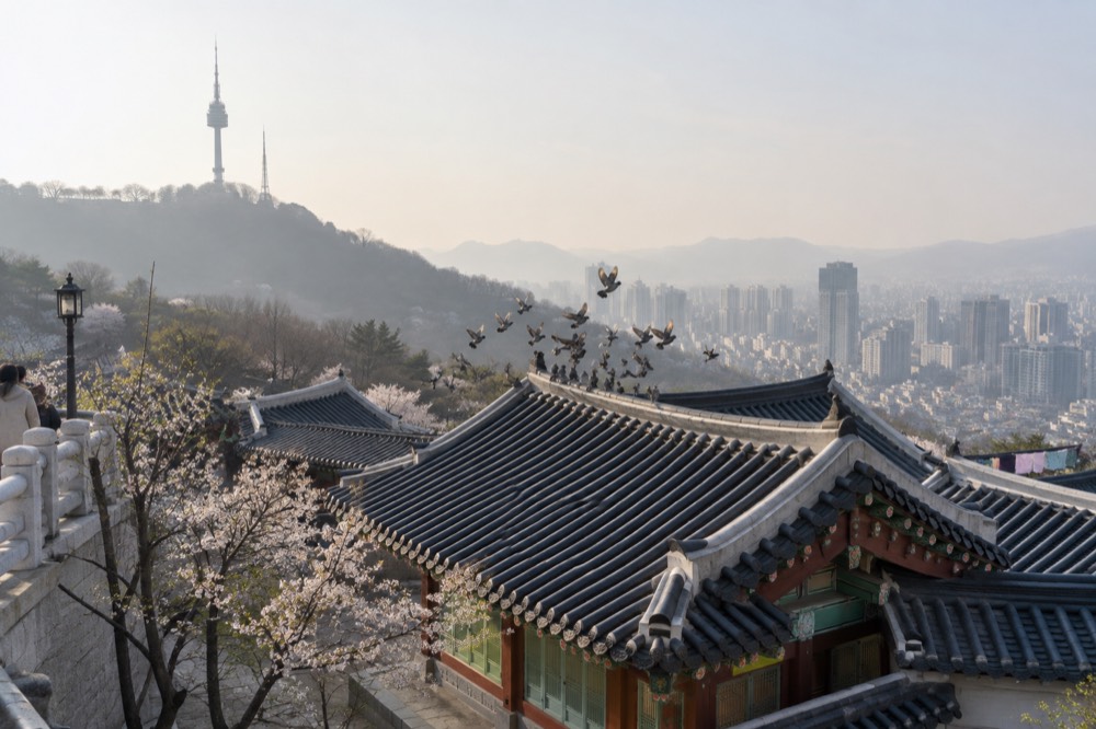 Traditional Korean palace rooftops seen from above with modern city towers in the distance