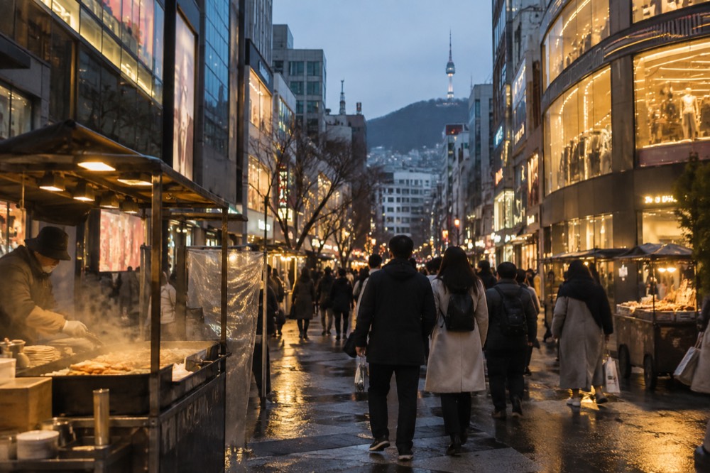 A narrow shopping street at dusk lined with illuminated shop signs and food stalls