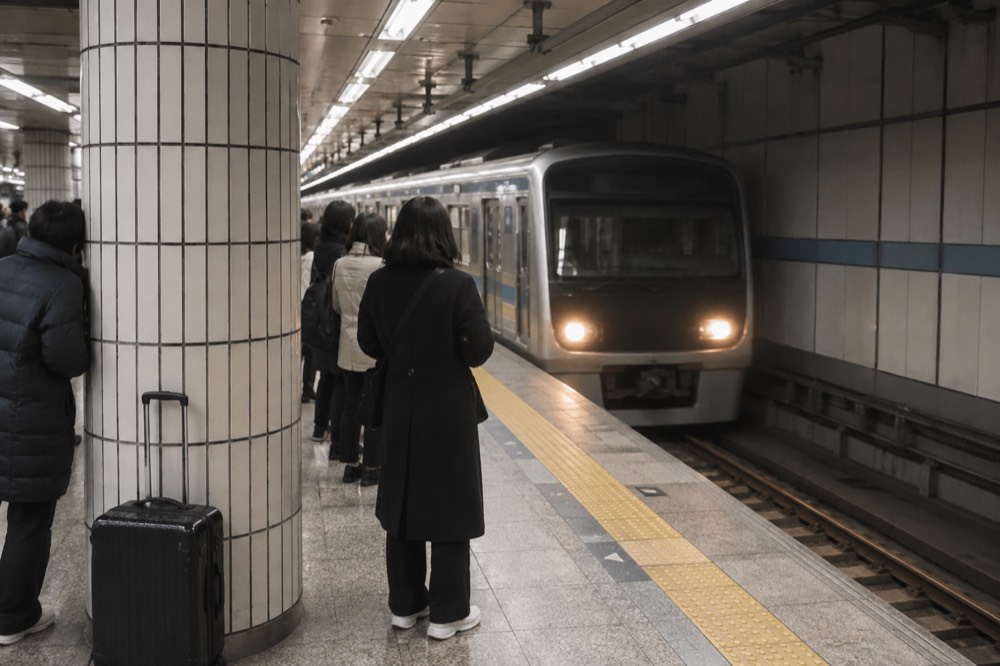 A subway station platform with a train arriving and passengers waiting beside a yellow safety line